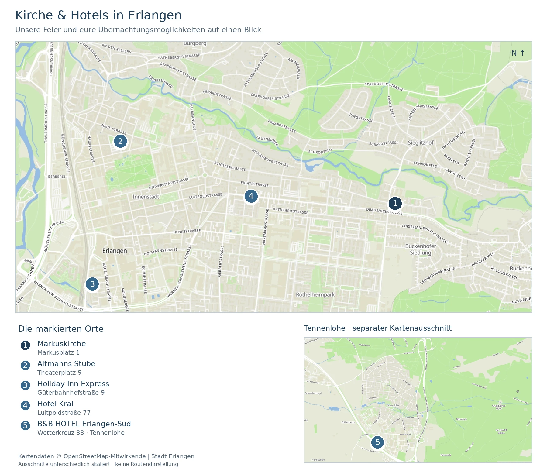 Lageplan von Erlangen mit Markuskirche, Altmanns Stube, Holiday Inn Express und Hotel Kral sowie separatem Tennenlohe-Ausschnitt für das B&B HOTEL Erlangen-Süd.